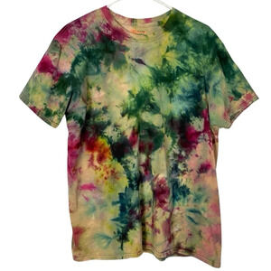 Handmade Tie Dye Tee T-Shirt Mens XL Unisex Scrunch Dye Green Pink Crewneck
